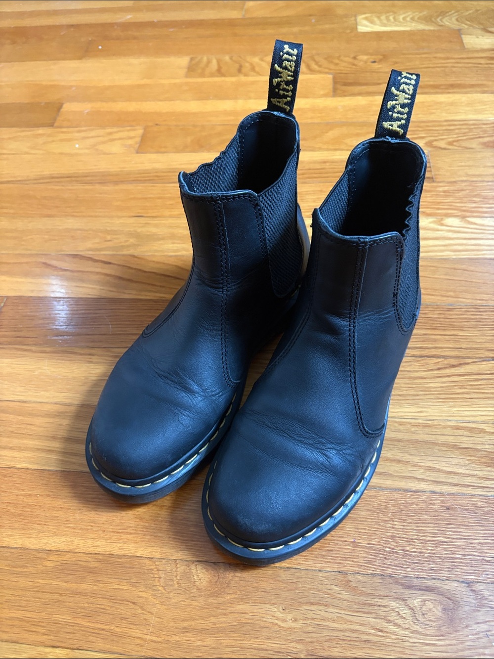 Dr. Martens Black Leather Chelsea Ankle Boots with Yellow Loop